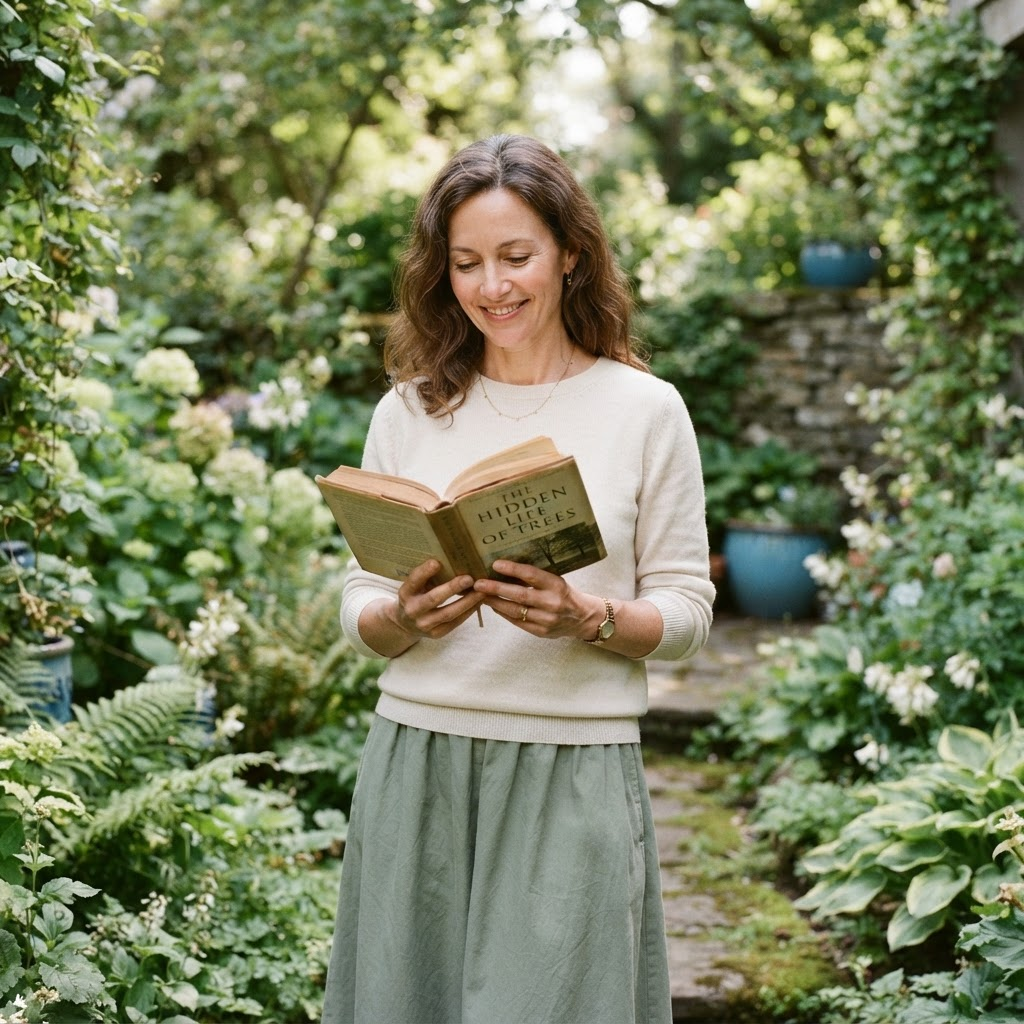 Darcy reading in a lush botanical garden